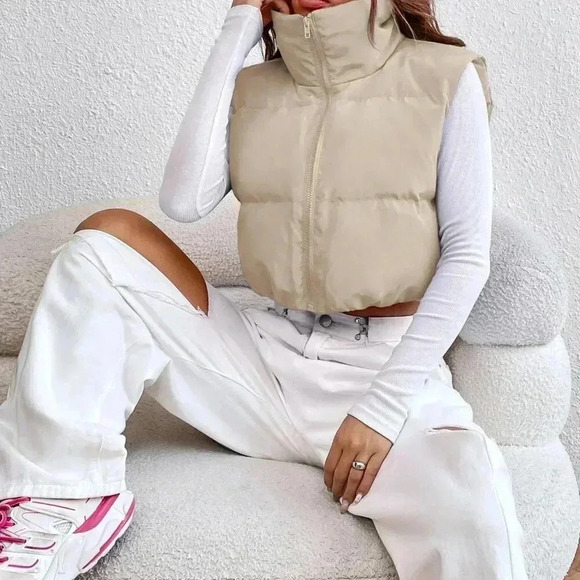 Apricot Casual Women's Zipper Front Vest Puffer Khaki Coat - Picture 4 of 4